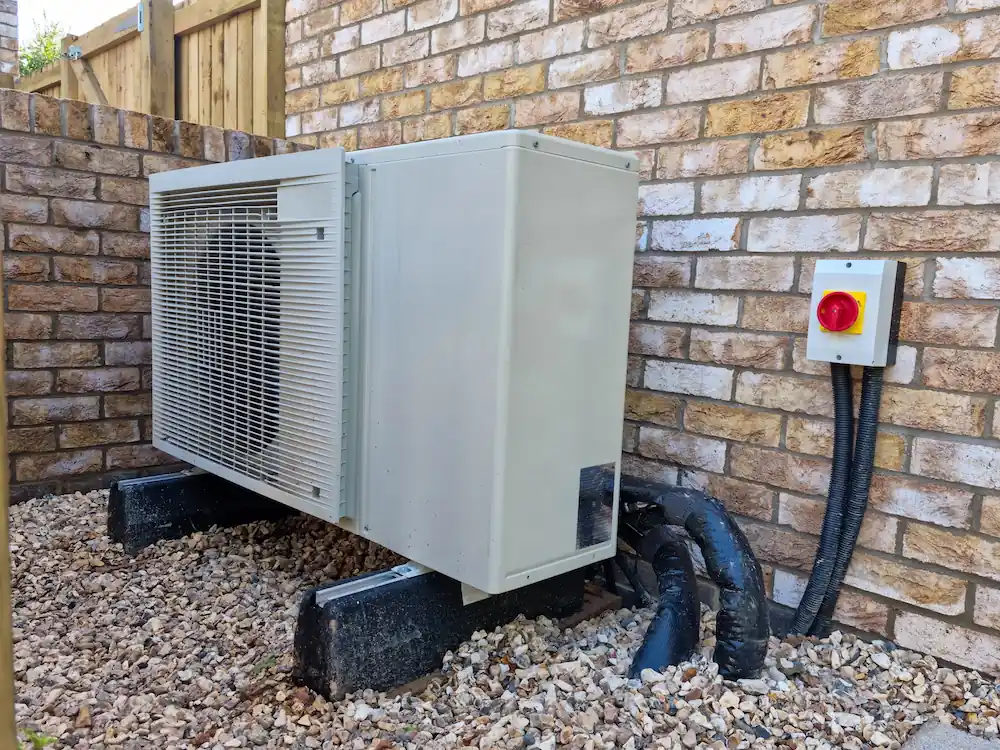 Air source heat pump unit. Green renewable energy, low-carbon heating concept