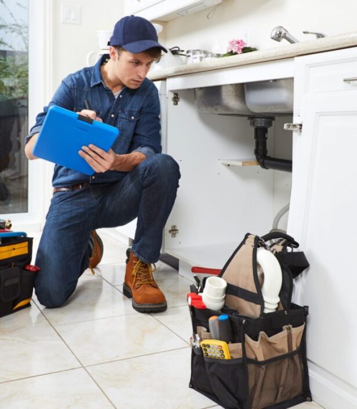Professional plumber doing renovation in kitchen home.