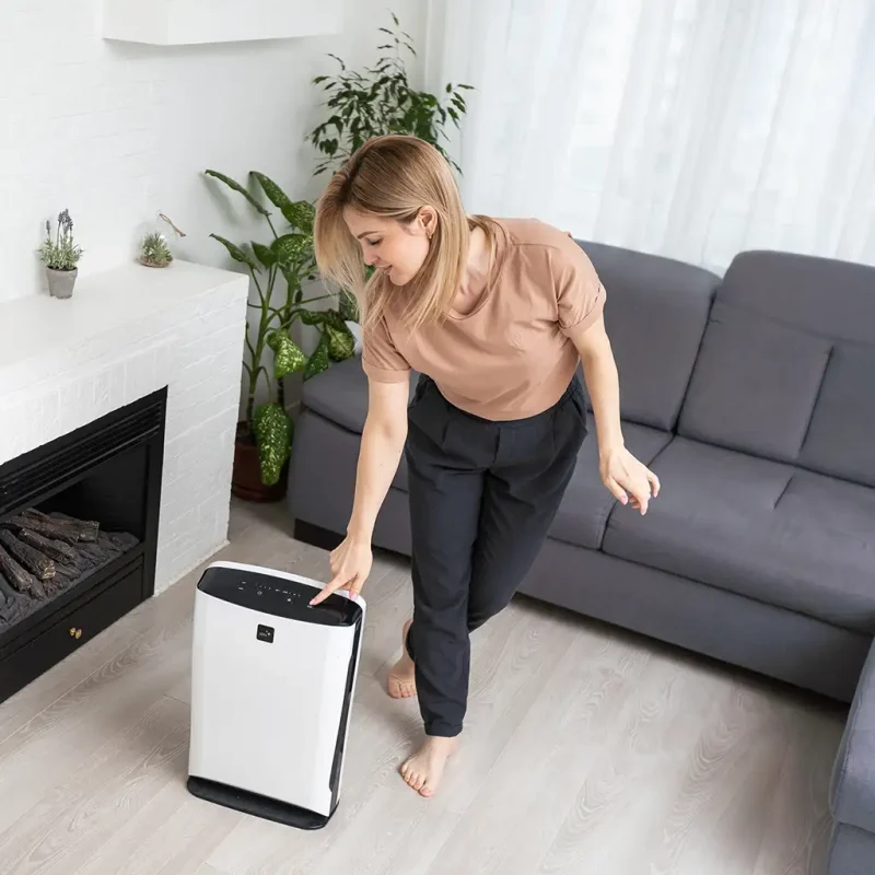 a woman standing in front of a black and white air purifier
