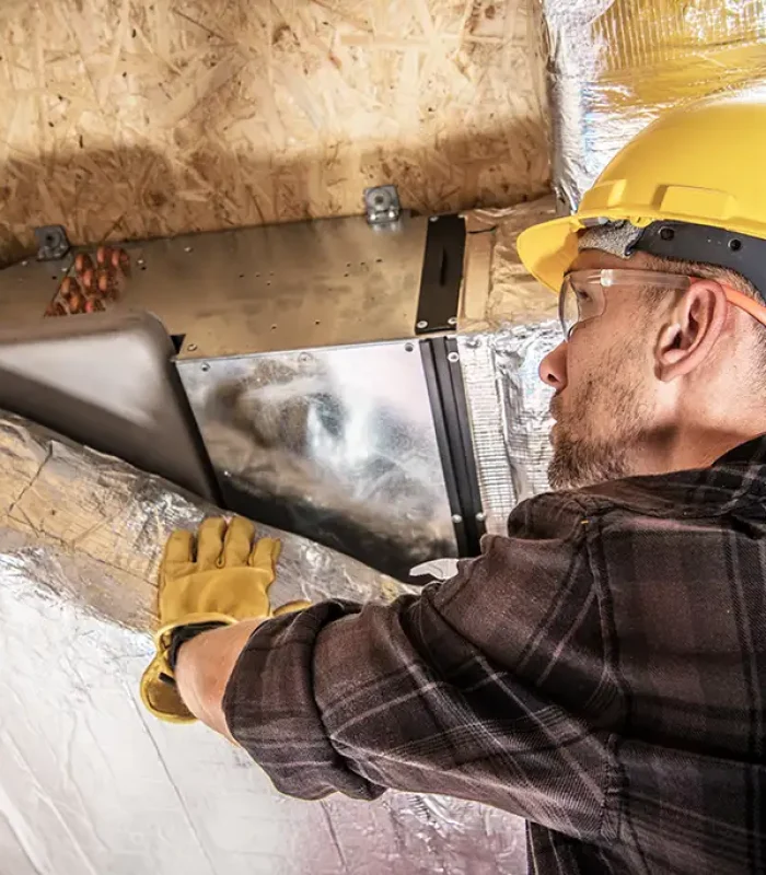 HVAC Technician installing duct insulation