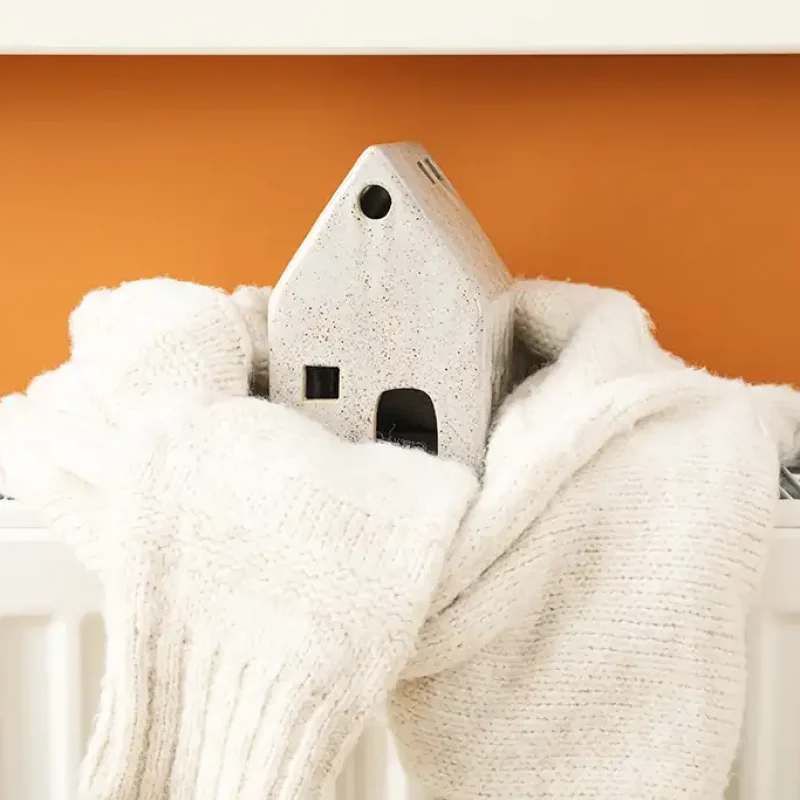 a white knitted mittens and a small house